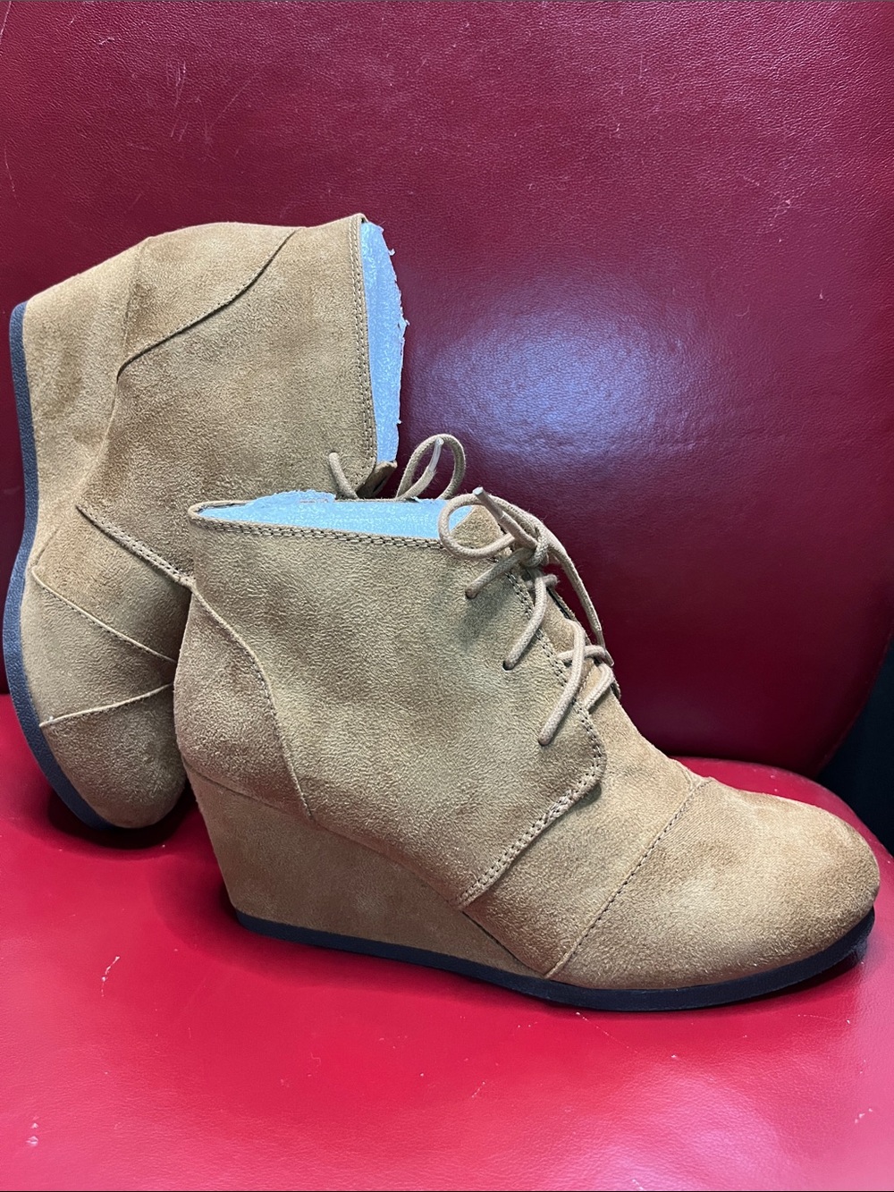 Cityclassified Tan Suede-like Lace-Up Wedge Booties